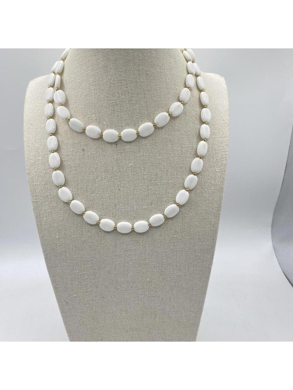 vintage Napier white/ gold tone beaded long strand necklace